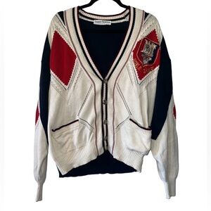 Umberto Bilancioni Men’s Ivory/Red/Navy Argyle Button Front Cardigan- Size 48 EU